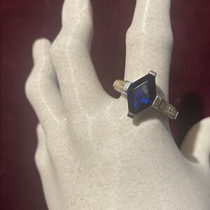 Silver Tone Cocktail Ring‎ with Faceted Blue Stone and Crystal Accents